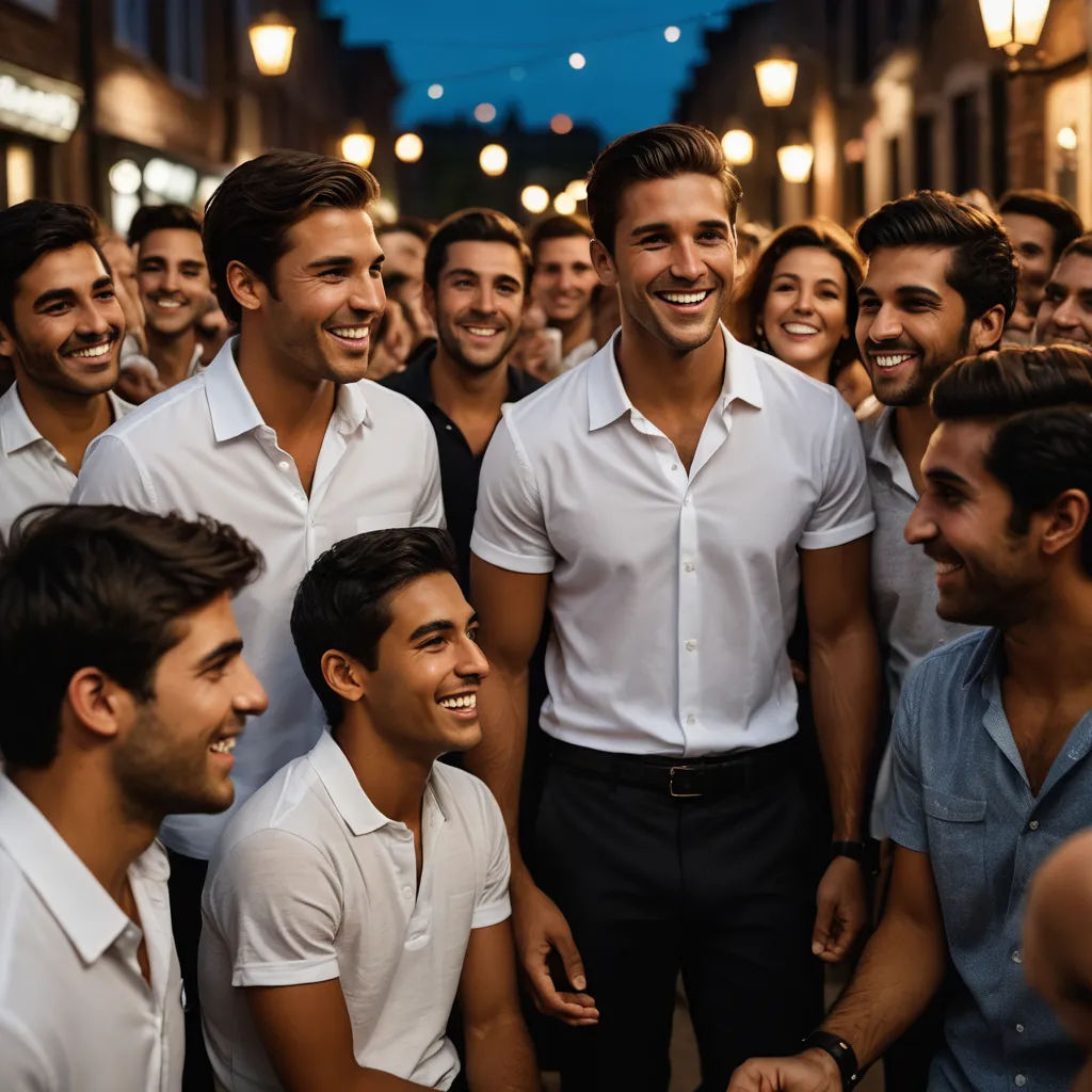 a group of men standing next to each other in a street at night with one man smiling at the camera, antipodeans, a stock photo, Adam Saks, tom of finland