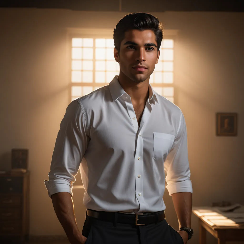 a man in a white shirt and black pants standing in a room with a window and a desk with a lamp, hyperrealism, a photorealistic painting, Ahmed Karahisari, behance hd