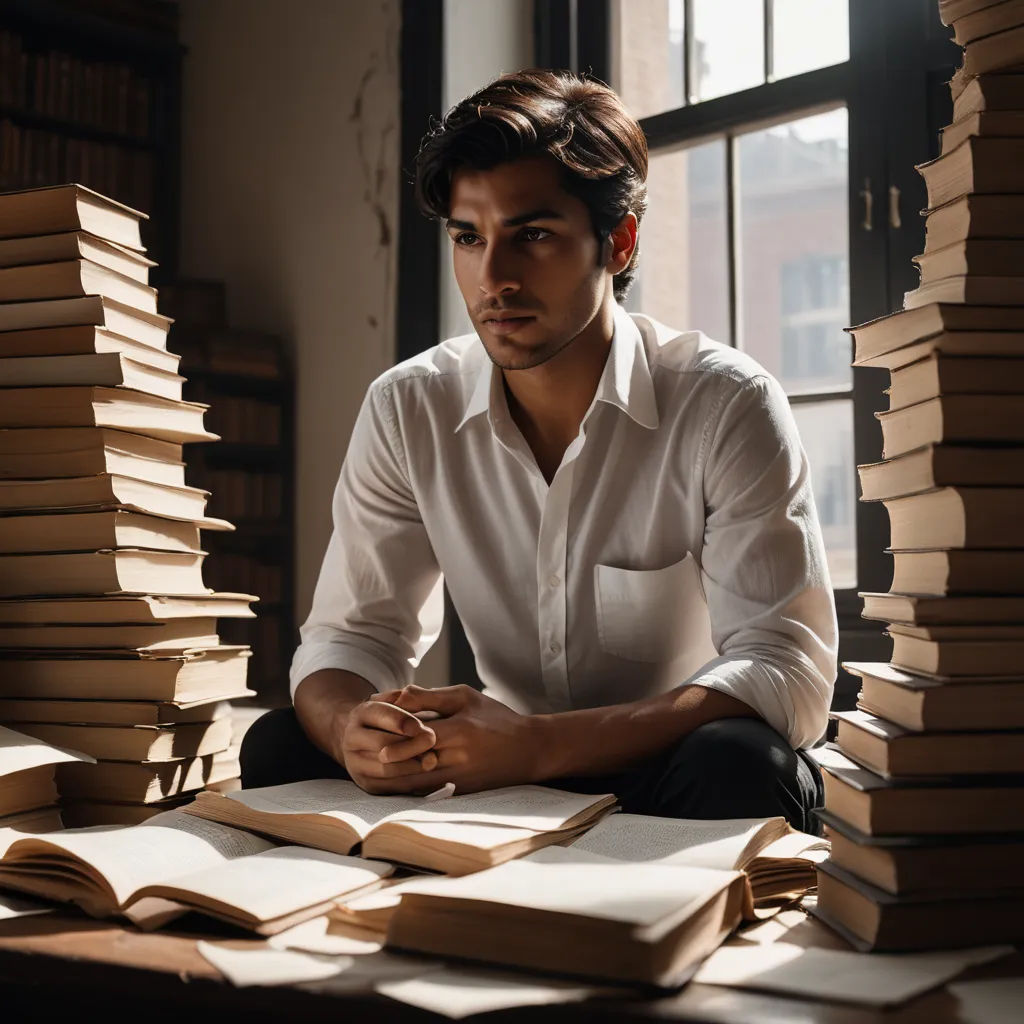 a man sitting in front of a stack of books in a room with a window and a stack of books, pre-raphaelitism, a character portrait, Ahmed Karahisari, jayison devadas