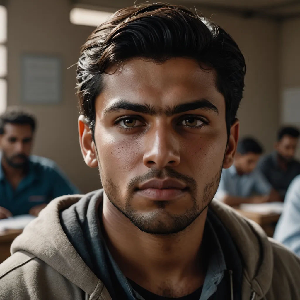 a man with a serious look on his face in a classroom of other men in the background, one of them is looking at the camera, hurufiyya, a character portrait, Abdullah Gërguri, f1.4