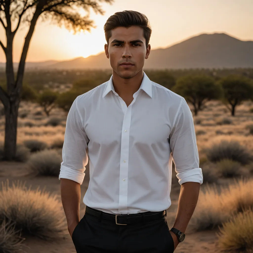 a man in a white shirt and black pants standing in a desert area with a tree in the background, samikshavad, a character portrait, Ahmed Karahisari, jayison devadas