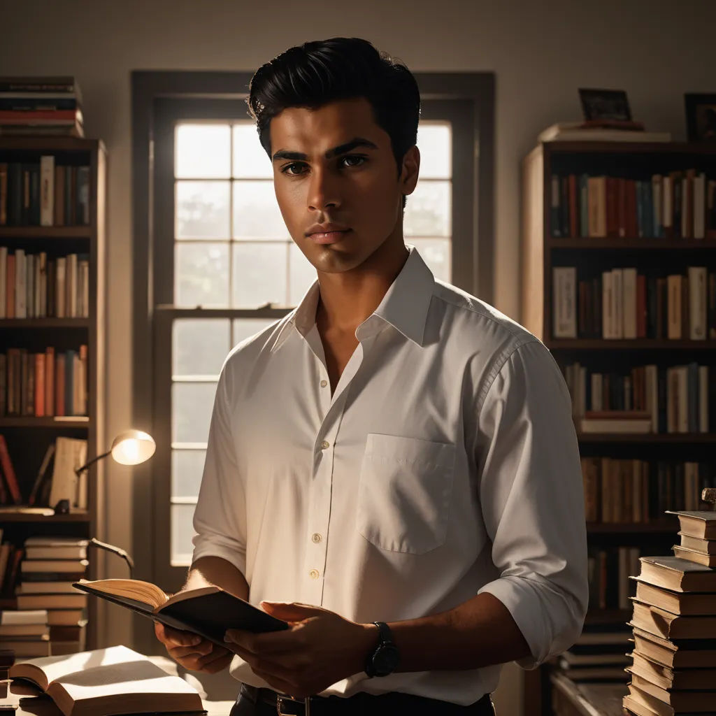 a man standing in front of a book shelf holding a book in his hands and looking at the camera, pre-raphaelitism, a character portrait, Anthony Devas, jayison devadas