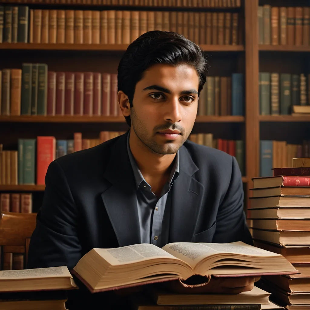 a man sitting at a table with a book in front of him and a stack of books behind him, academic art, a character portrait, Bikash Bhattacharjee, portrait photography