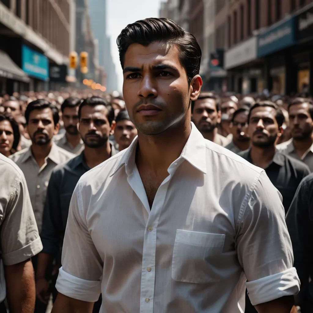 a man standing in front of a crowd of people in a city street with a white shirt on and a white shirt on, socialist realism, a renaissance painting, Don Arday, j. c. leyendecker 8 k
