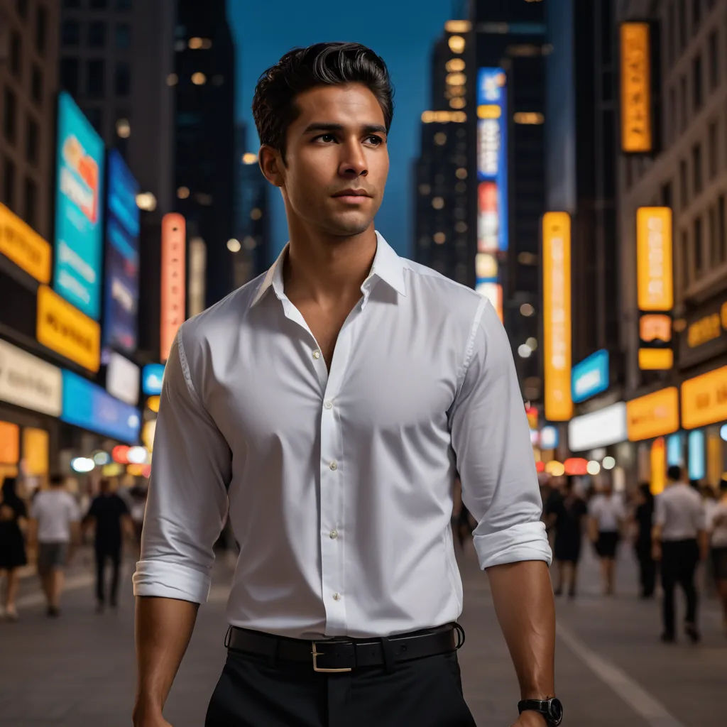 a man in a white shirt and black pants standing in a city street at night with buildings in the background, samikshavad, a stock photo, Drew Tucker, jayison devadas