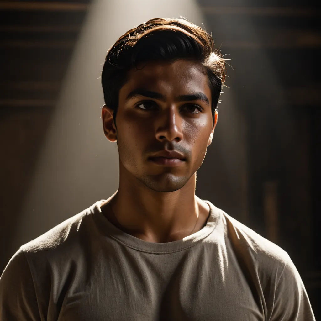 a man standing in front of a spotlight in a dark room with a light on his face and a light on his chest, samikshavad, a character portrait, Don Arday, anamorphic lens flare