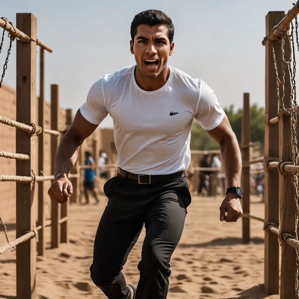a man running through a rope fence in the desert with a smile on his face and hands on his hips, samikshavad, egyptian art, Ahmed Karahisari, jayison devadas