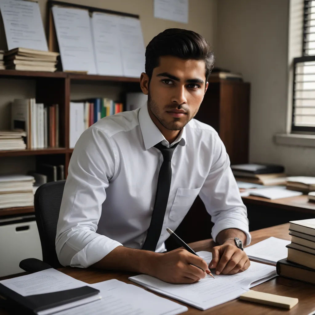 a man in a dress shirt and tie sitting at a desk with a pen and paper in his hand, academic art, a stock photo, Ahmed Karahisari, professional