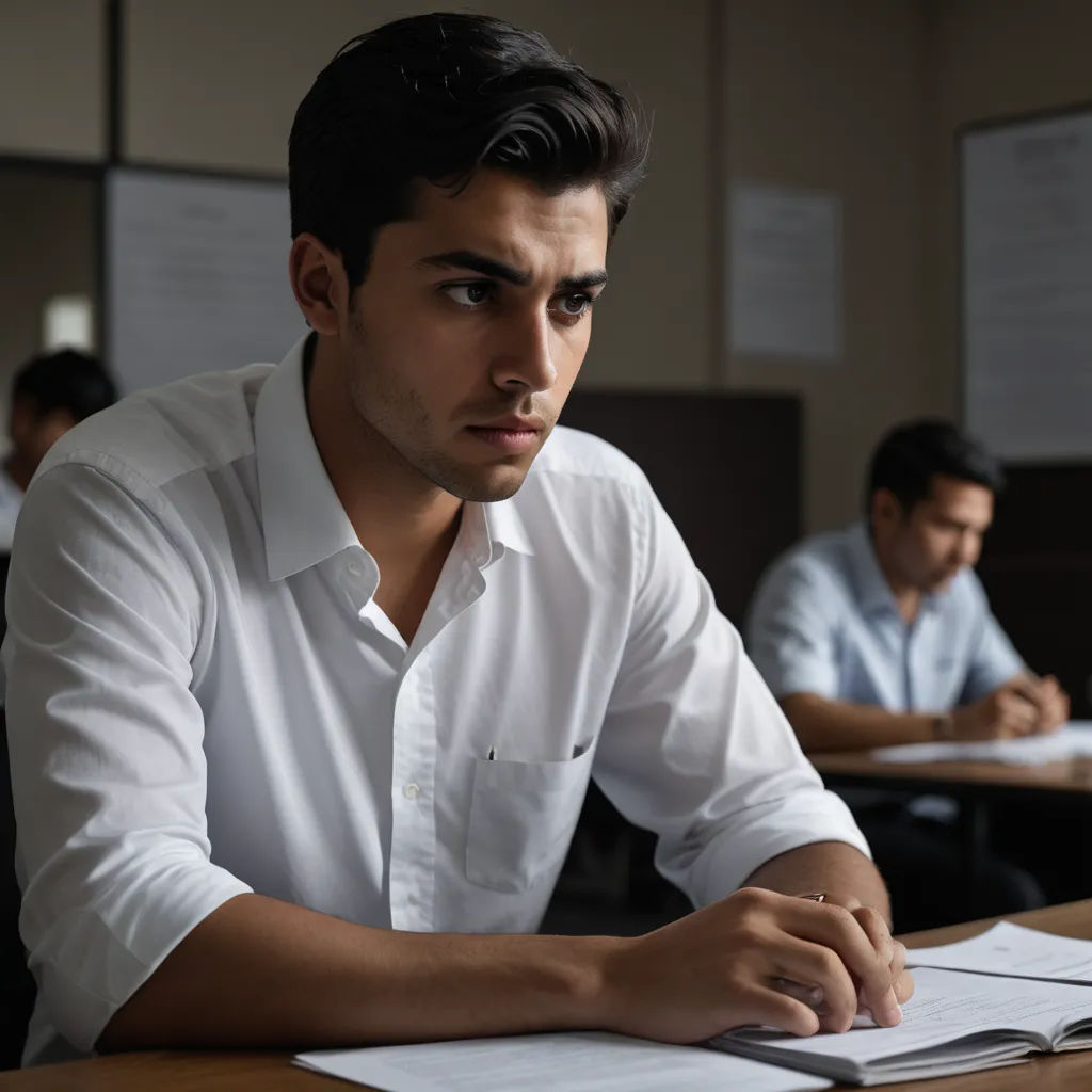 a man sitting at a desk with papers and a pen in his hand and another man in the background, academic art, a stock photo, Arthur Sarkissian, promotional image