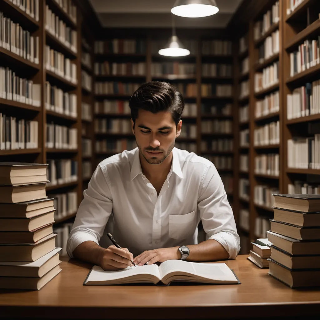a man sitting at a table in a library with a book and pen in his hand and a stack of books behind him, academic art, a stock photo, Constant Permeke, offset printing technique