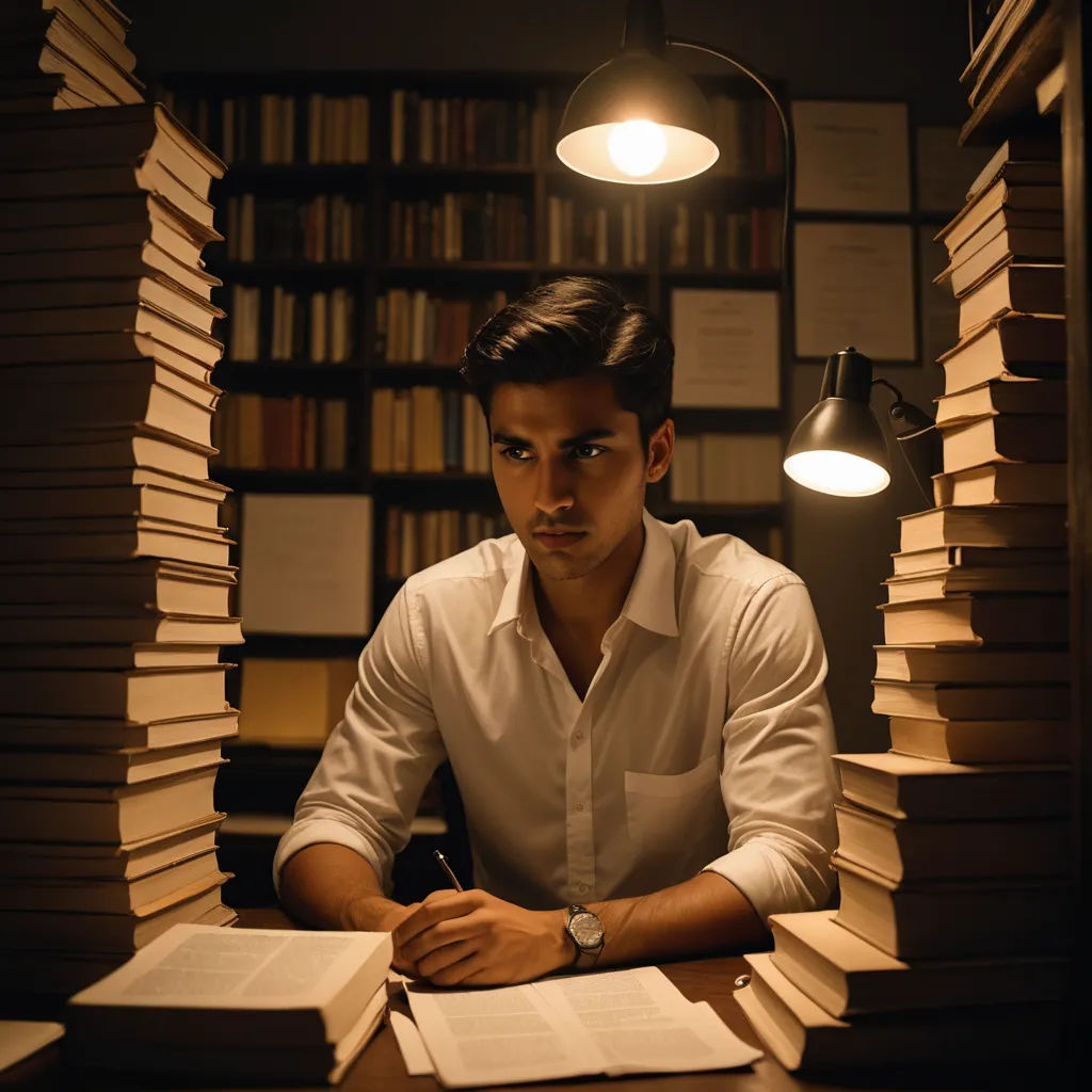a man sitting at a table in front of a book shelf filled with books and a lamp above him, aestheticism, a poster, Bikash Bhattacharjee, promotional image