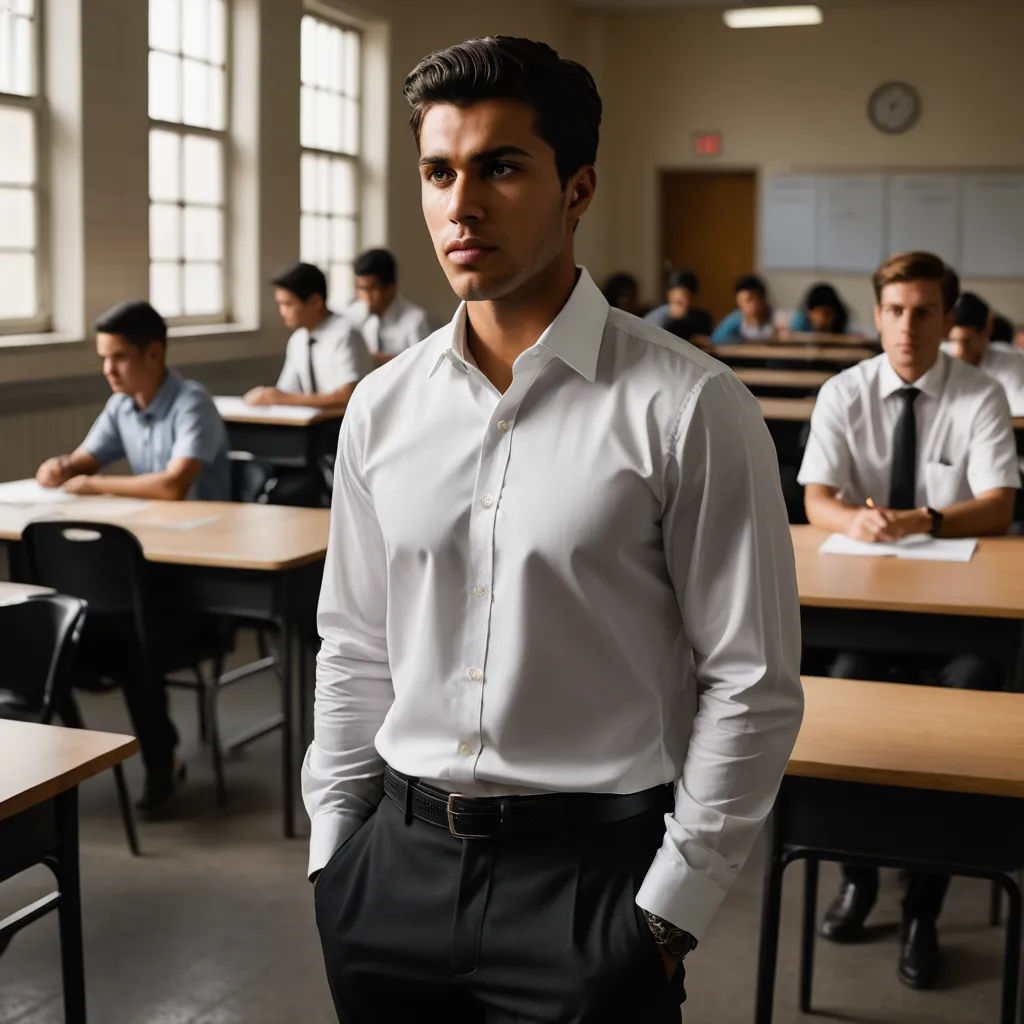 a man standing in front of a classroom full of students wearing ties and dress shirts and pants with their hands in their pockets, vancouver school, a stock photo, Eric Zener, movie still