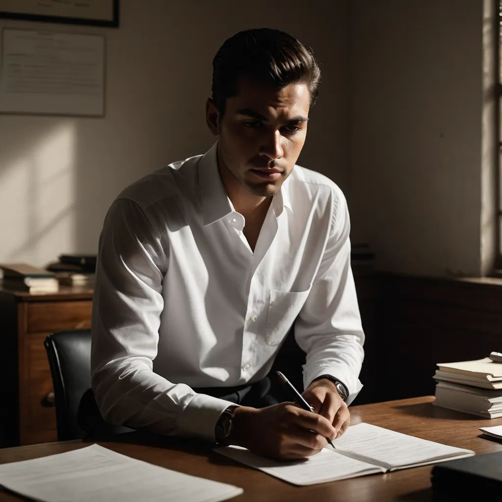 a man sitting at a desk writing on a piece of paper with a pen in his hand and a stack of books in front of him, aestheticism, a poster, Arthur Sarkissian, promotional image