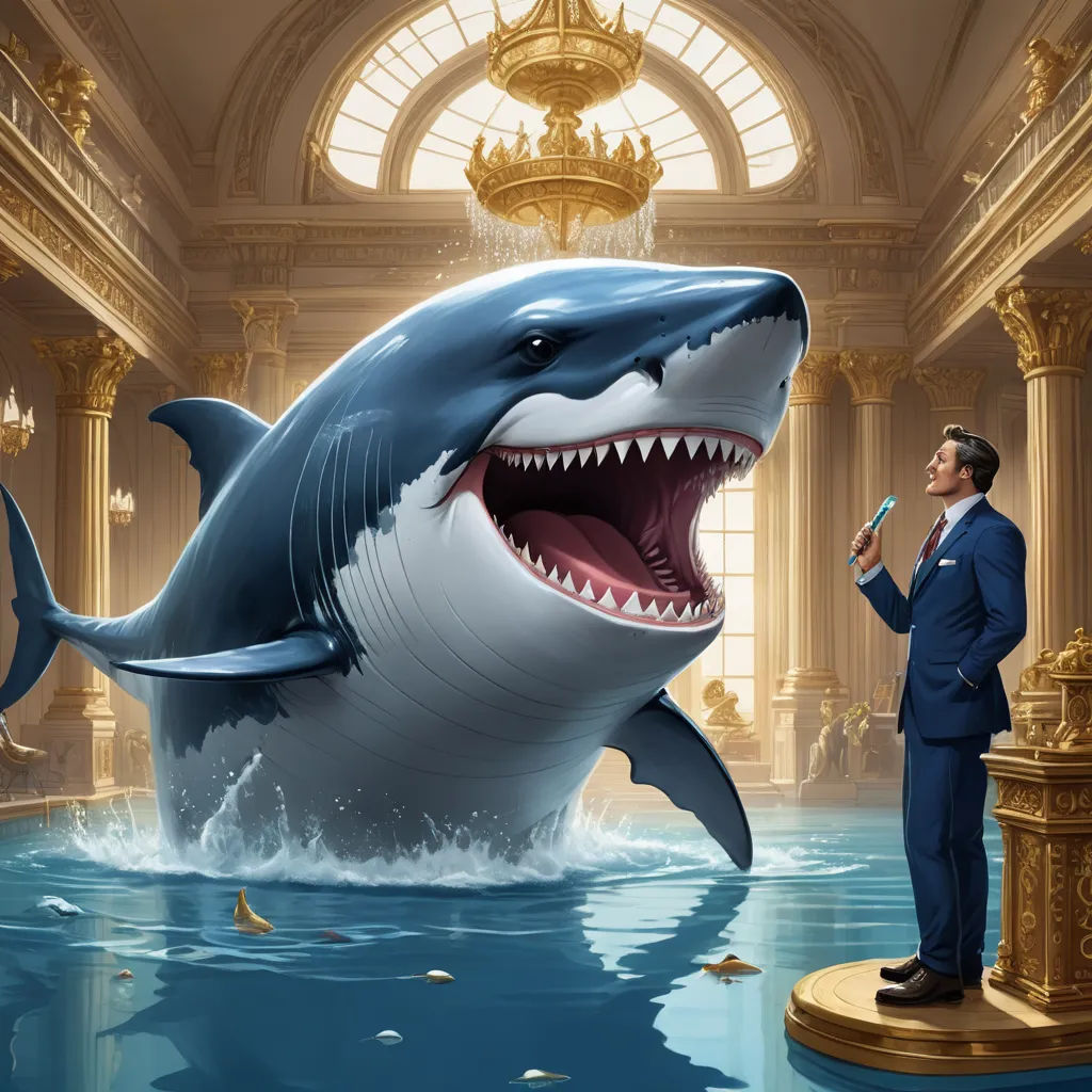 a man in a suit standing next to a shark statue in a building with a chandelier and a chandelier, pop surrealism, a storybook illustration, Cyril Rolando, highly detailed digital painting