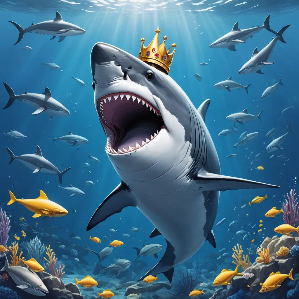 a shark with a crown on its head swimming in the ocean with sharks around it and a sunbeam, sots art, a storybook illustration, Chris LaBrooy, highly detailed digital painting
