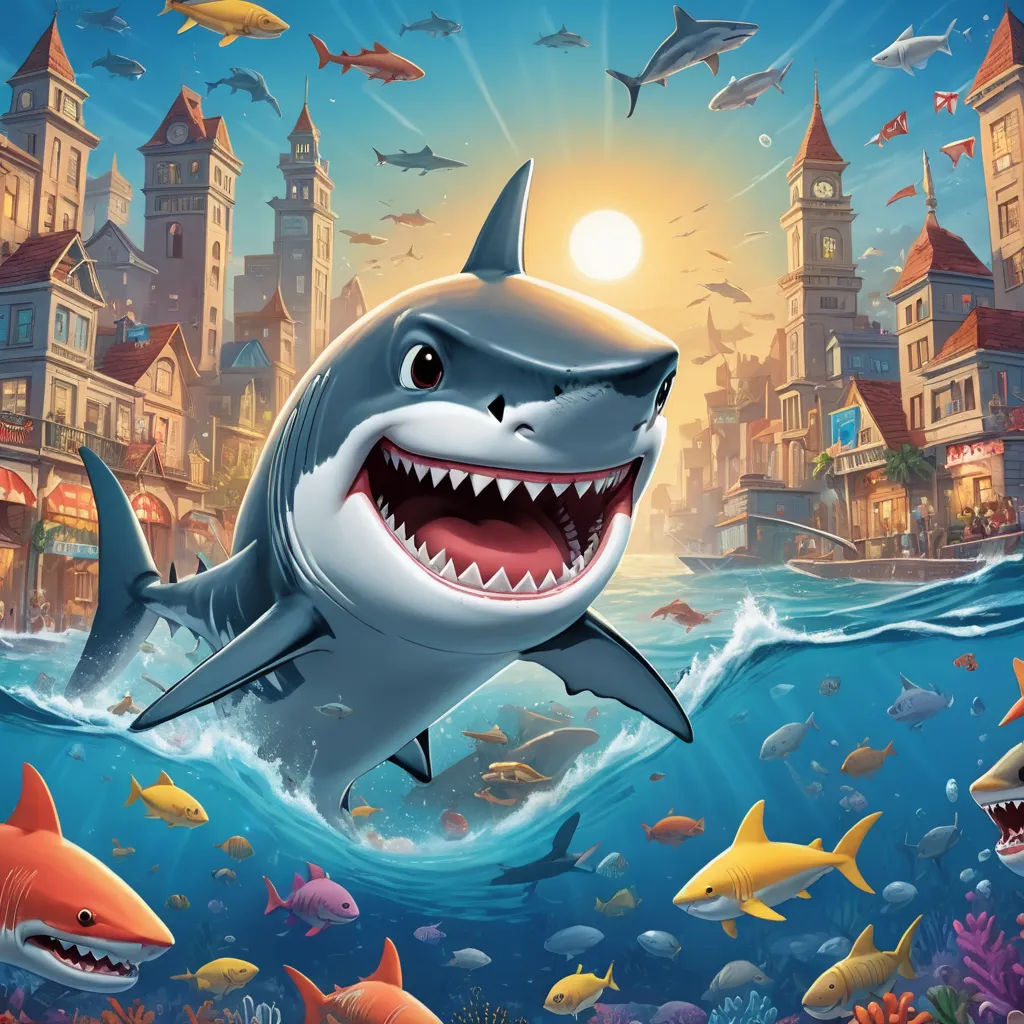 a shark with a big smile on its face swimming in the ocean with a city in the background and a shark with a big smile on its face, lyco art, a storybook illustration, Chris LaBrooy, game art