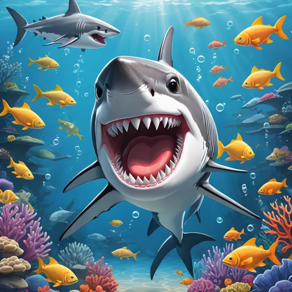 a shark with its mouth open and a group of fish swimming around him in the ocean with sunlight shining through the water, shock art, computer graphics, Chris LaBrooy, highly detailed digital painting
