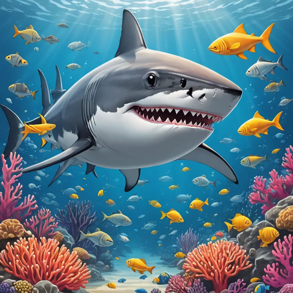 a shark with a large mouth swimming in the ocean with many fish around it and a sunbeam above it, computer art, computer graphics, Beeple, highly detailed digital painting
