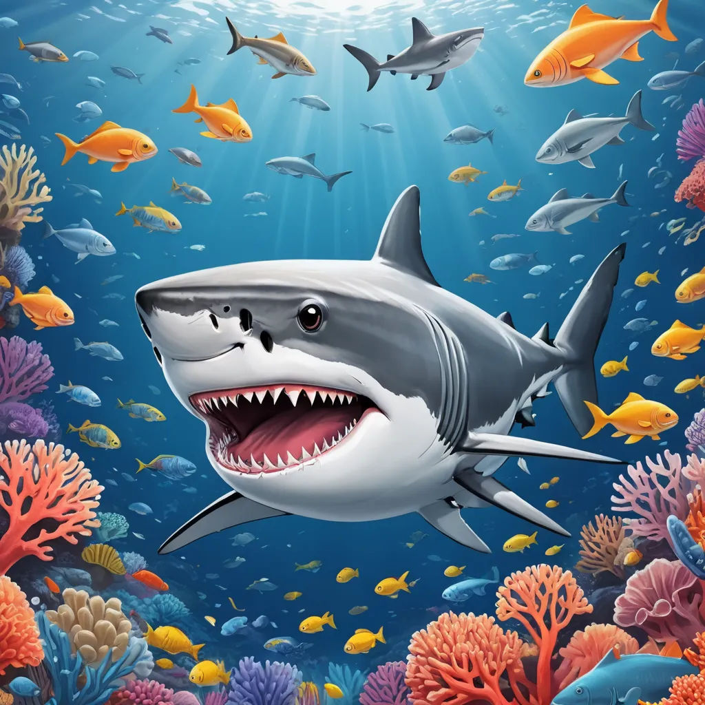 a shark with a large open mouth swimming in the ocean with corals and fish around it, with a sunbeam in the background, computer art, computer graphics, Damien Hirst, highly detailed digital painting