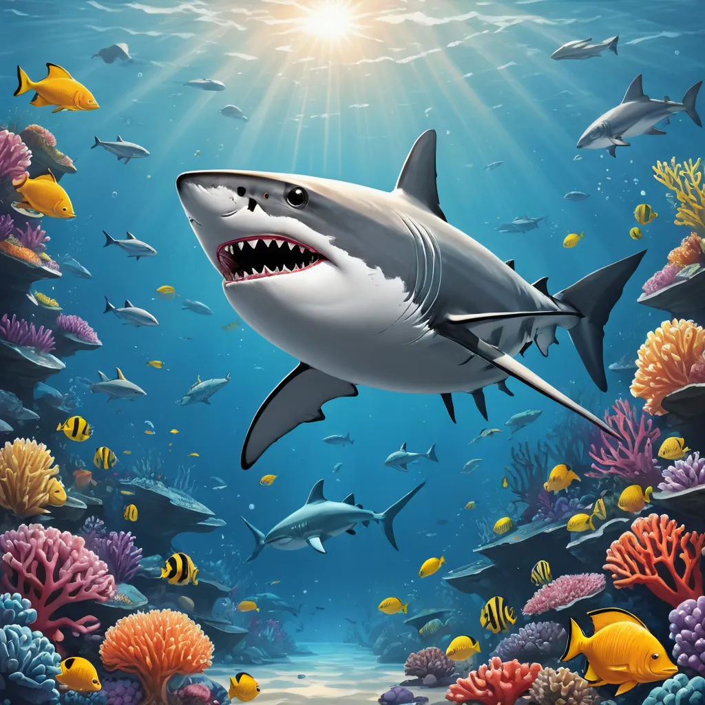 a shark swimming in the ocean with a lot of fish around it and a sun shining above it and a coral reef, computer art, computer graphics, Damien Hirst, highly detailed digital painting