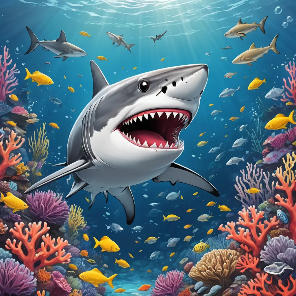 a shark with open mouth swimming in the ocean with corals and other fish around it illustration by john wyee, pop surrealism, computer graphics, Chris LaBrooy, highly detailed digital painting