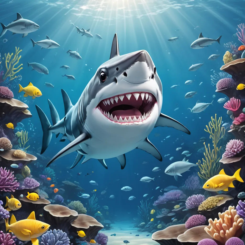 a shark with a big smile swimming in the ocean with other fish and corals around it, with a sunbeam in the background, photorealism, an airbrush painting, Chris LaBrooy, highly detailed digital painting