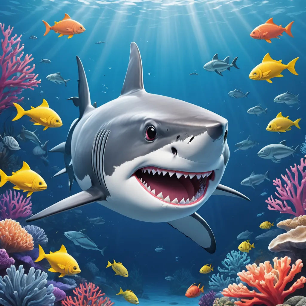 a shark with a big smile on its face swimming in the ocean with fish around it and corals, computer art, computer graphics, Beeple, highly detailed digital painting
