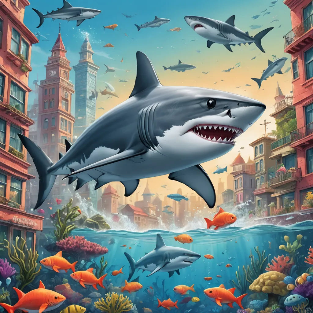 a shark with a large mouth swimming in the ocean with other sharks around it and a city in the background, pop surrealism, a detailed matte painting, Chris LaBrooy, highly detailed digital painting