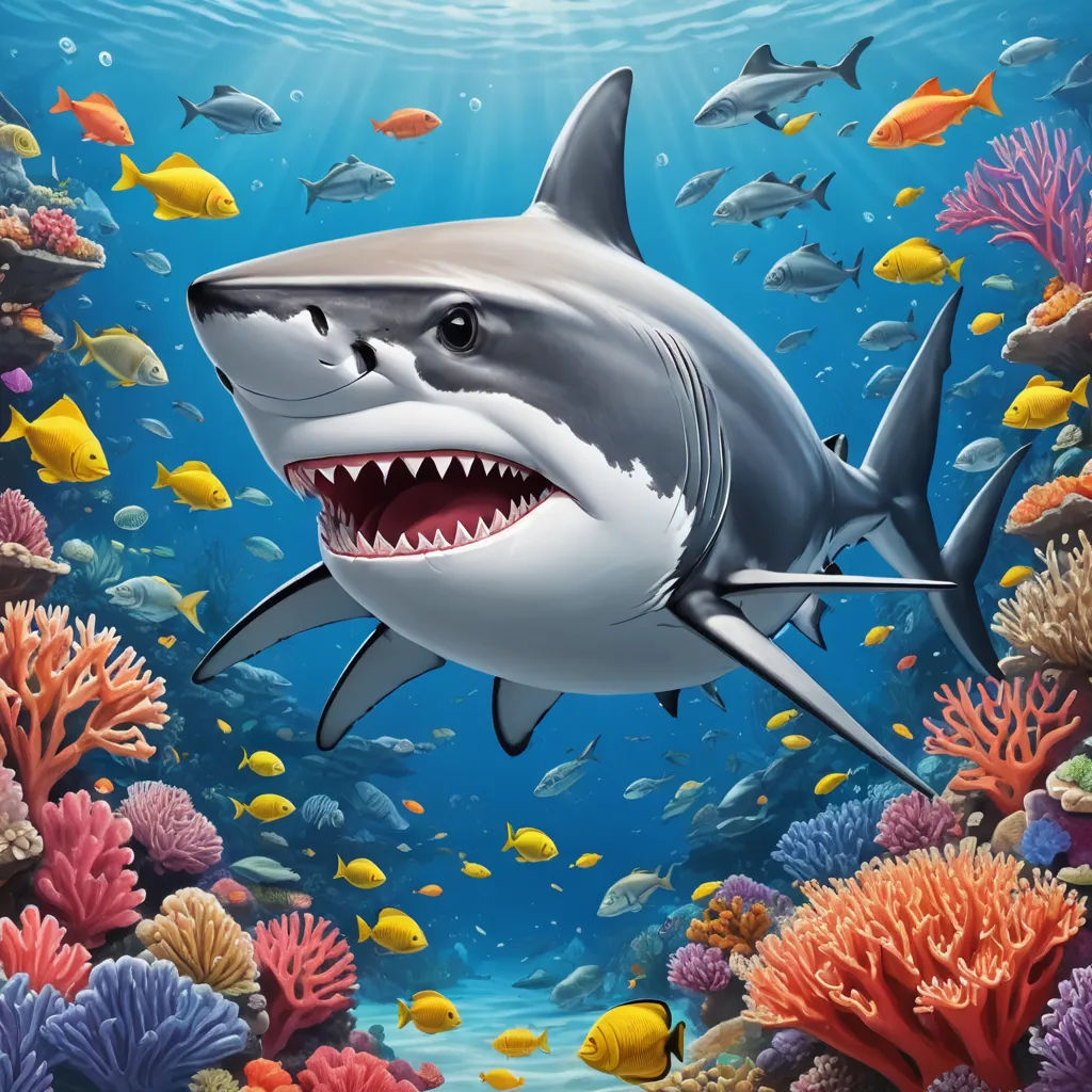 a shark with a large open mouth swimming in the ocean with corals and fish around it, with a sunbeam in the background, computer art, computer graphics, Damien Hirst, highly detailed digital painting