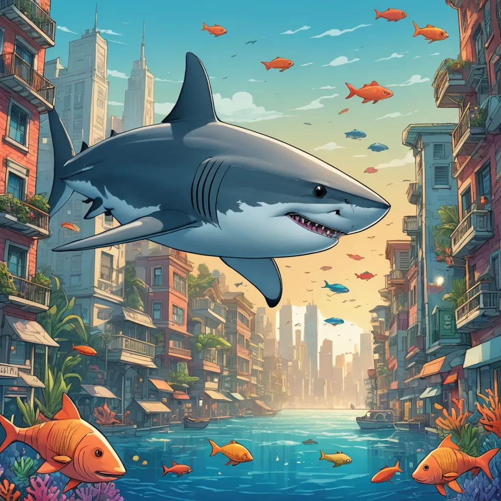 a shark swimming in a river surrounded by fish and buildings in the background with a cityscape in the foreground, fantasy art, a storybook illustration, Chris LaBrooy, rossdraws global illumination