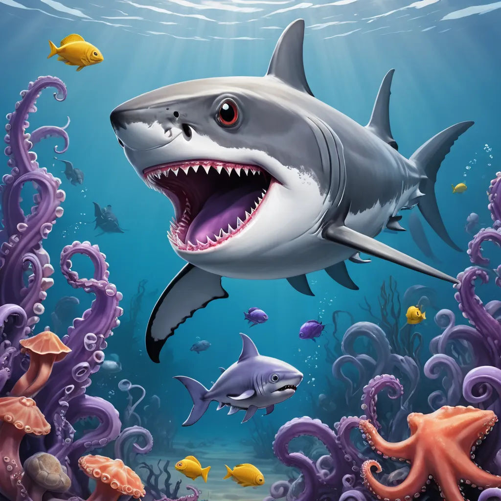 a shark with its mouth open and a lot of fish around it in the ocean illustration by alex krawc, pop surrealism, an airbrush painting, Chris LaBrooy, highly detailed digital painting