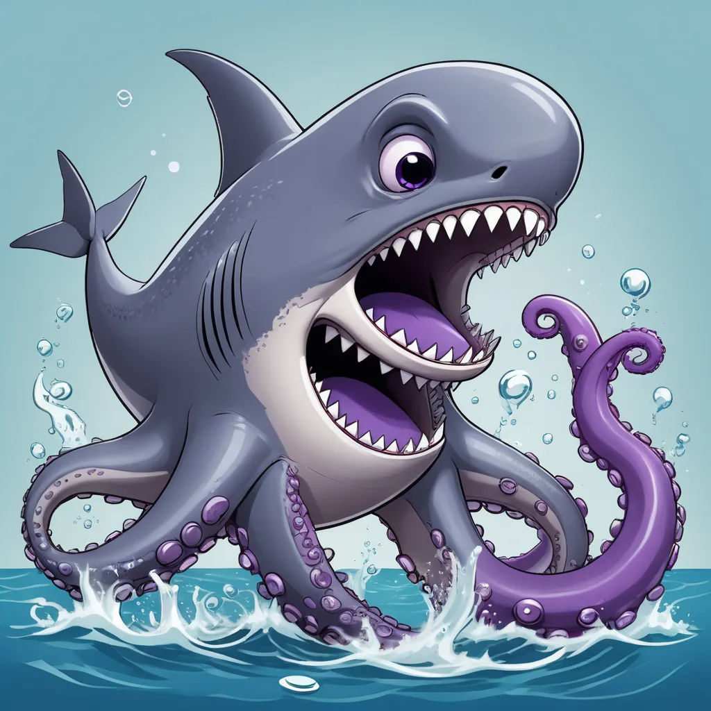 a cartoon shark with an open mouth and a huge purple octopus tentacles in the water with bubbles around it, sots art, a character portrait, Anne Stokes, 2 d game art