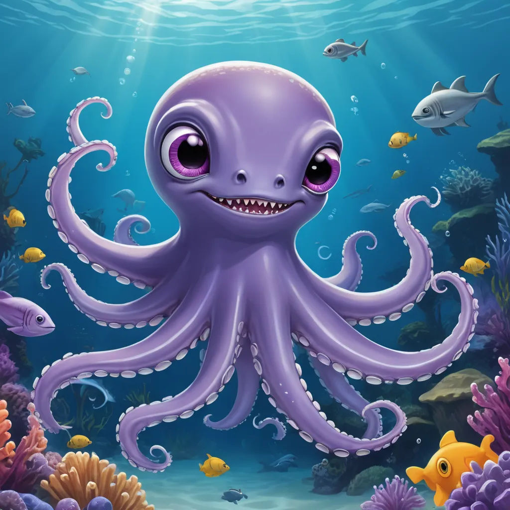a purple octopus with big eyes and a smile on its face under the water with fish and corals, pop surrealism, a digital painting, Chris LaBrooy, octopus