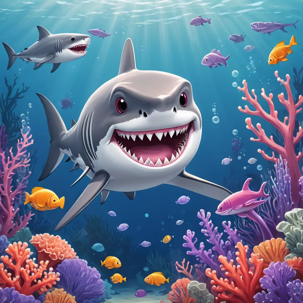 a shark with a big smile swimming in the ocean with corals and fish around it illustration by alex krawc, pop surrealism, a digital painting, Chris LaBrooy, highly detailed digital painting