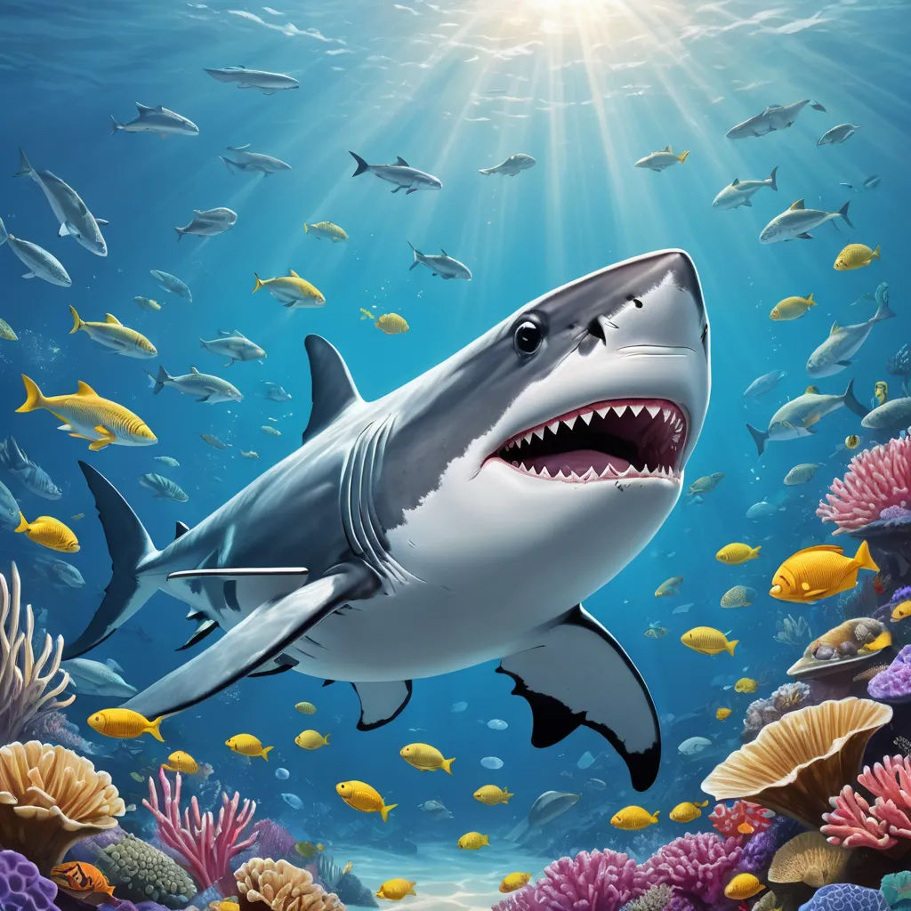 a shark with a large open mouth swimming in the ocean with many fish around it and a sunbeam above it, photorealism, a digital rendering, Damien Hirst, highly detailed digital painting