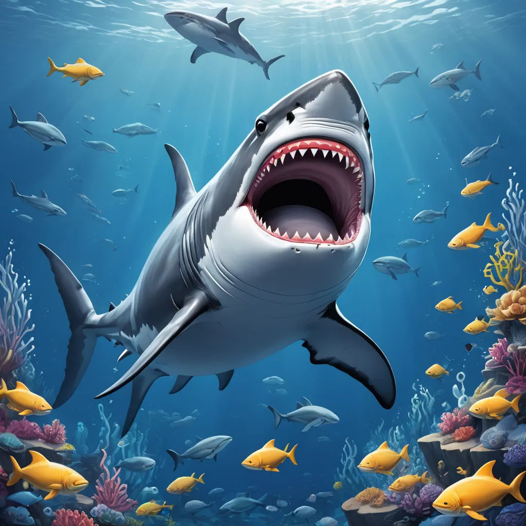 a shark with its mouth open in the ocean with fish around it and a sunbeam above it that is shining, shock art, a digital rendering, Daryush Shokof, sharp foccus ilustration
