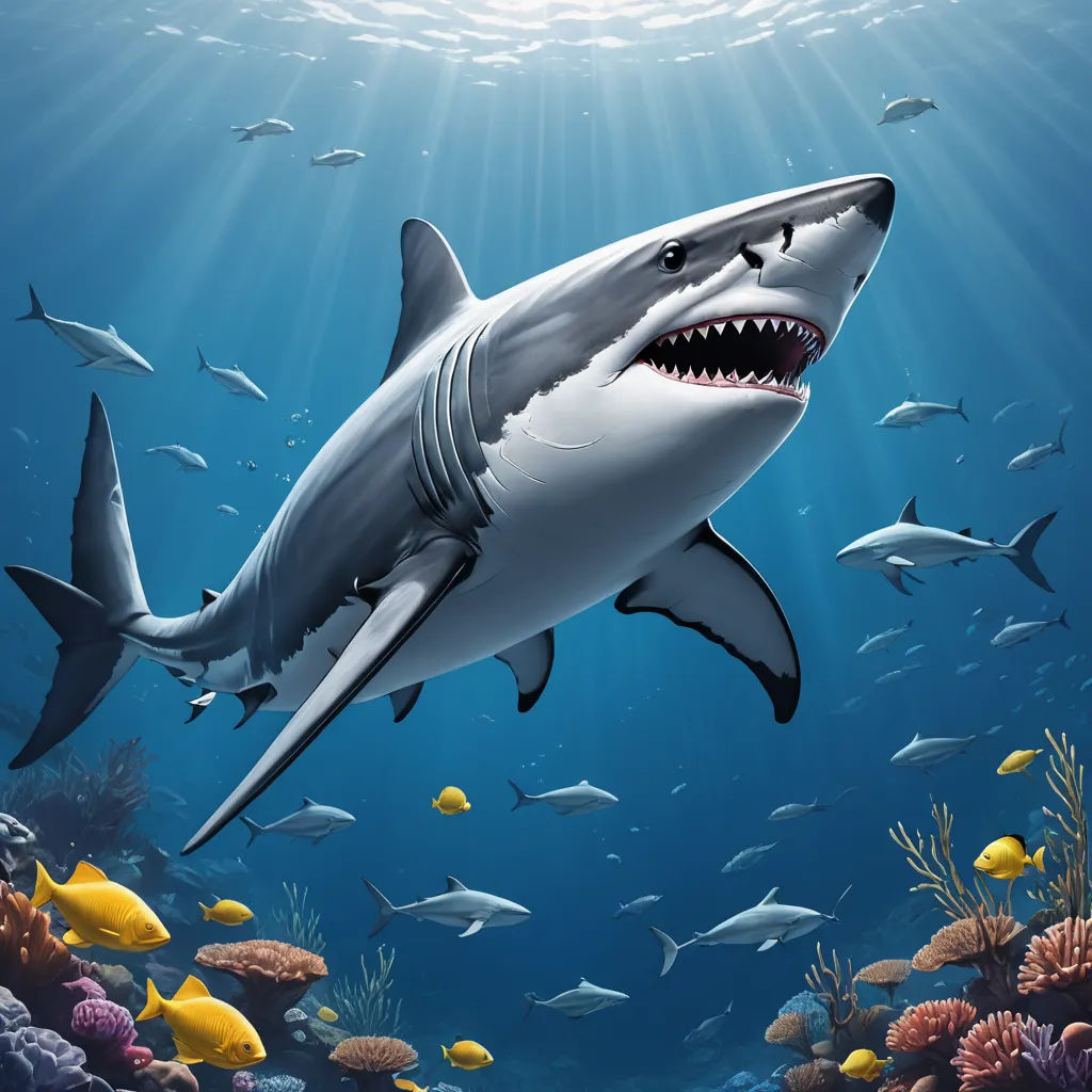 a shark with a large open mouth swimming in the ocean with fish around it and sunlight shining on the water, photorealism, a digital painting, David Martin, highly detailed digital painting