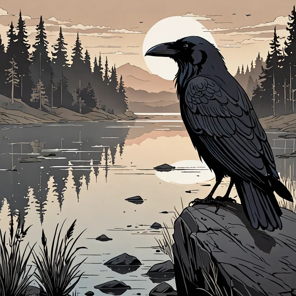 a black bird sitting on a rock near a lake and forest at sunset with a full moon in the sky, gothic art, poster art, Dan Mumford, laurie greasley