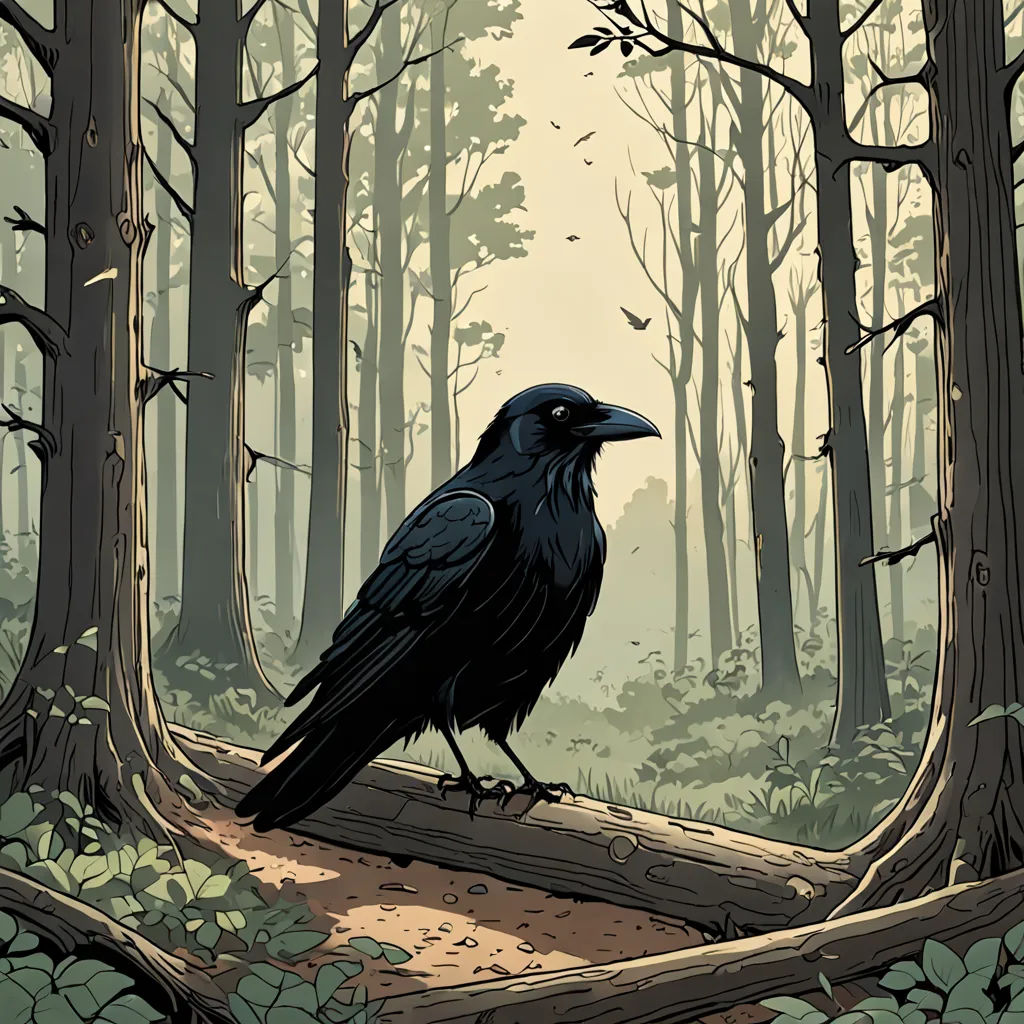 a black bird sitting on a log in a forest with trees and leaves on the ground and a path leading to it, serial art, poster art, Dan Mumford, laurie greasley