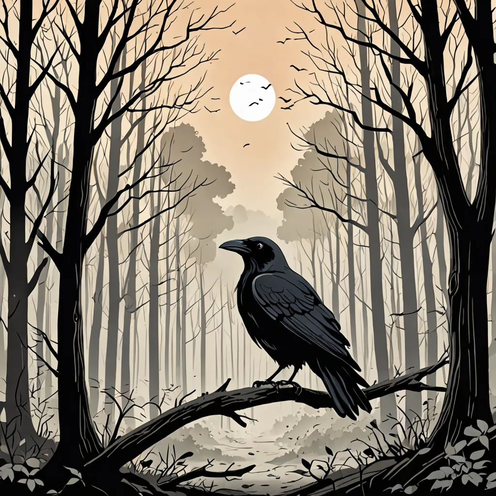 a black bird sitting on a branch in a forest with a full moon in the background and a full moon in the sky, gothic art, a storybook illustration, Dan Mumford, comic cover art