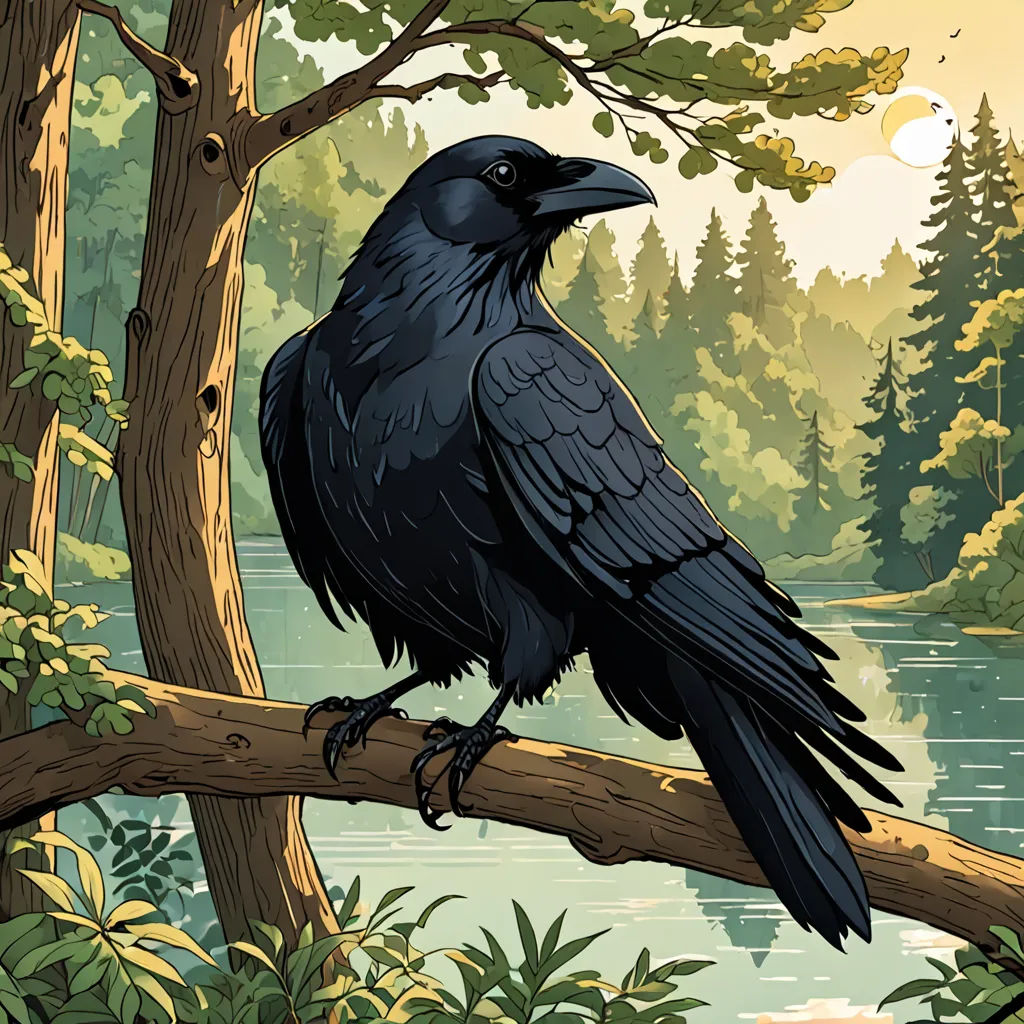 a black bird sitting on a branch in a forest next to a lake and trees with a sun in the background, environmental art, a storybook illustration, Dan Mumford, josan gonzales and dan mumford
