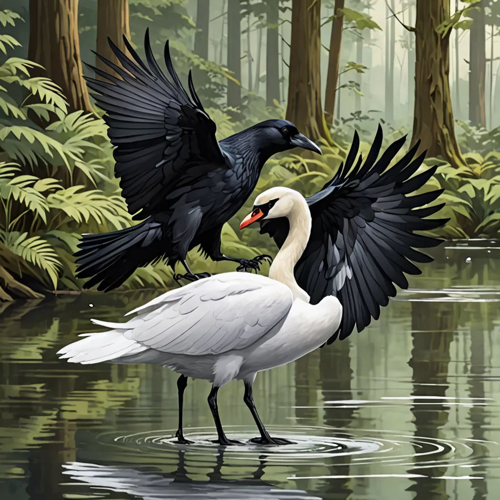 two birds are standing in the water near the trees and plants, one is black and the other is white, naturalism, an illustration of, Brothers Hildebrandt, birds