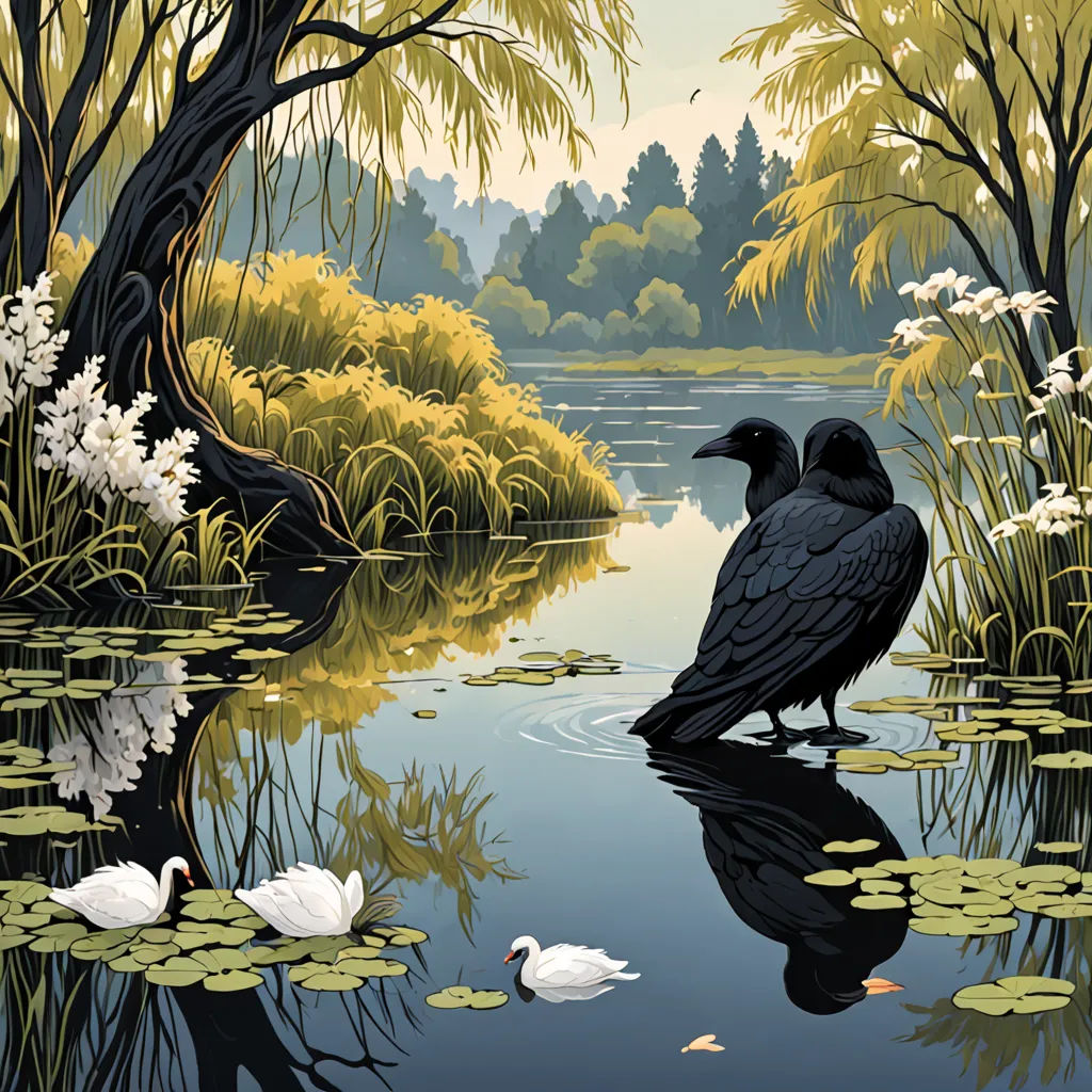 two black birds sitting on a pond with lily pads and trees in the background and a pond with lily pads and ducks, american scene painting, a storybook illustration, Dan Mumford, highly detailed digital painting