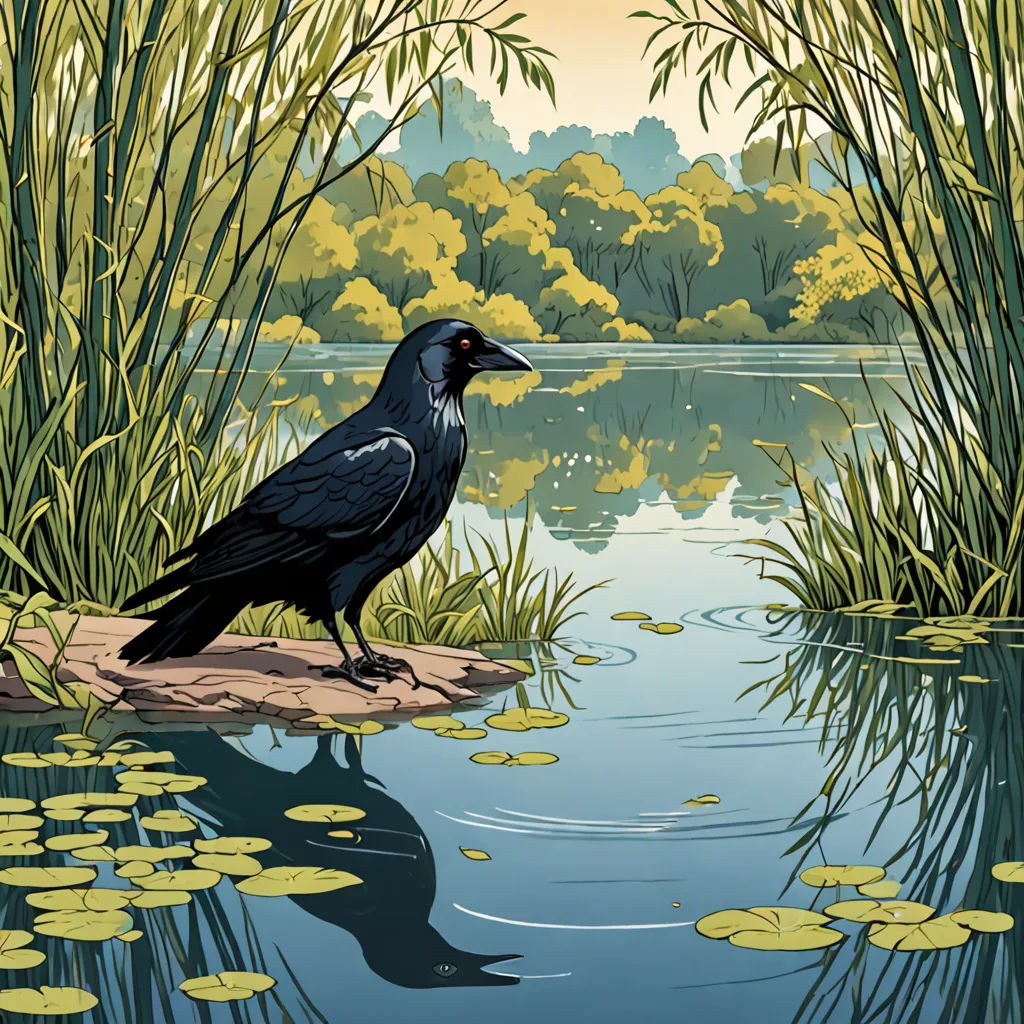 a black bird sitting on a rock in a pond of water with lily pads and trees in the background, american scene painting, a storybook illustration, Dan Mumford, highly detailed digital painting