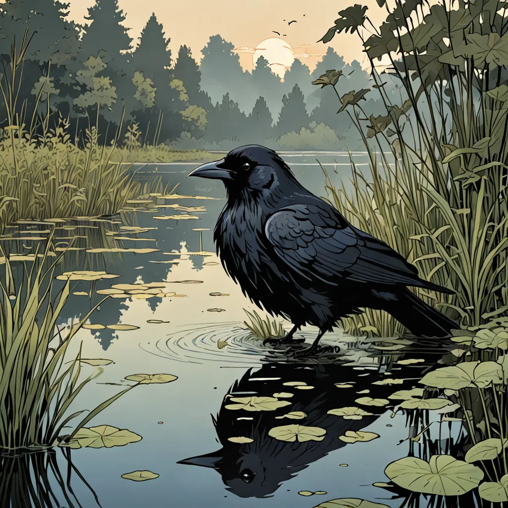 a black bird is sitting on the edge of a pond with lily pads and reeds in the foreground, environmental art, a comic book panel, Dan Mumford, laurie greasley