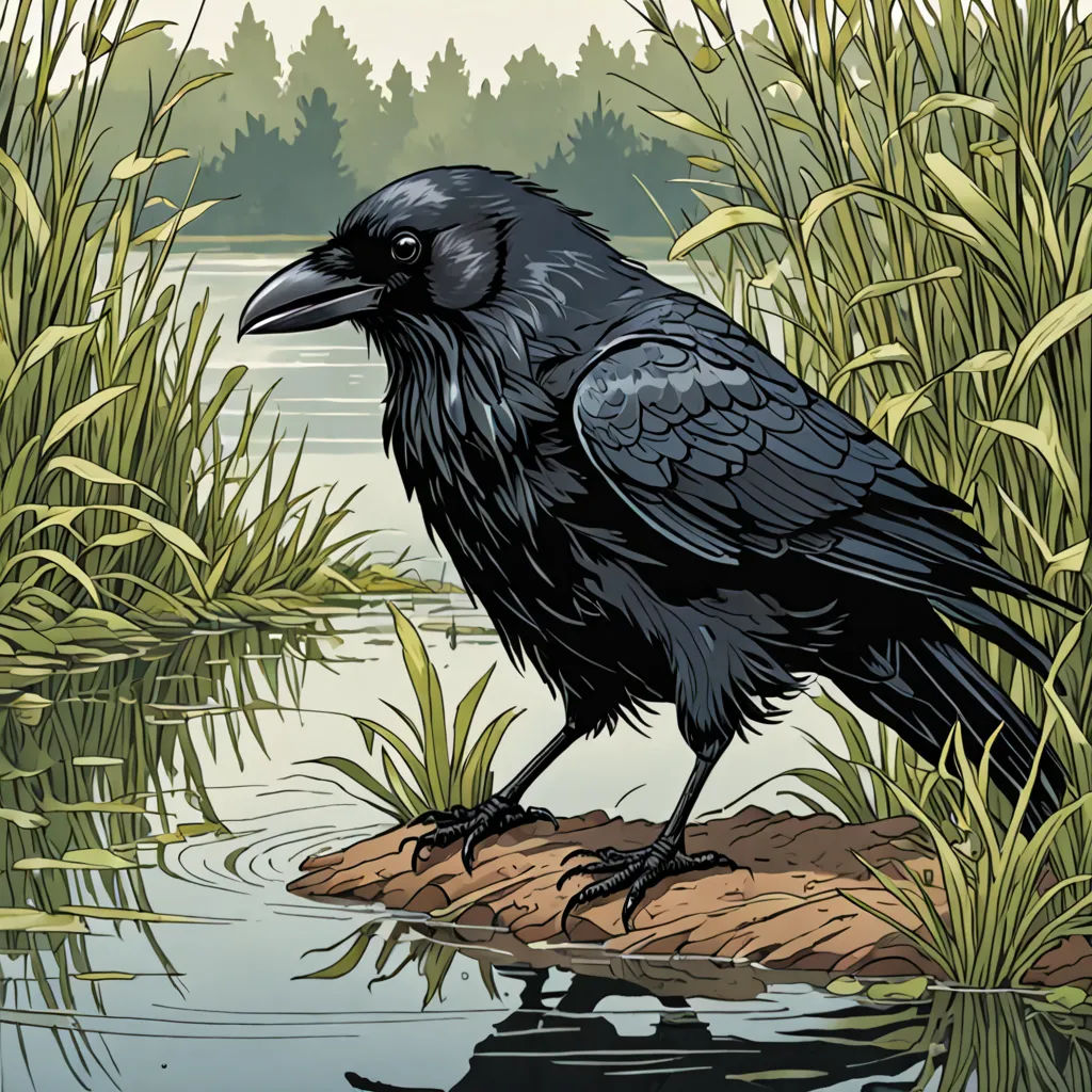 a black bird sitting on a rock in a pond of water with reeds and trees in the background, gothic art, a comic book panel, Dan Mumford, laurie greasley