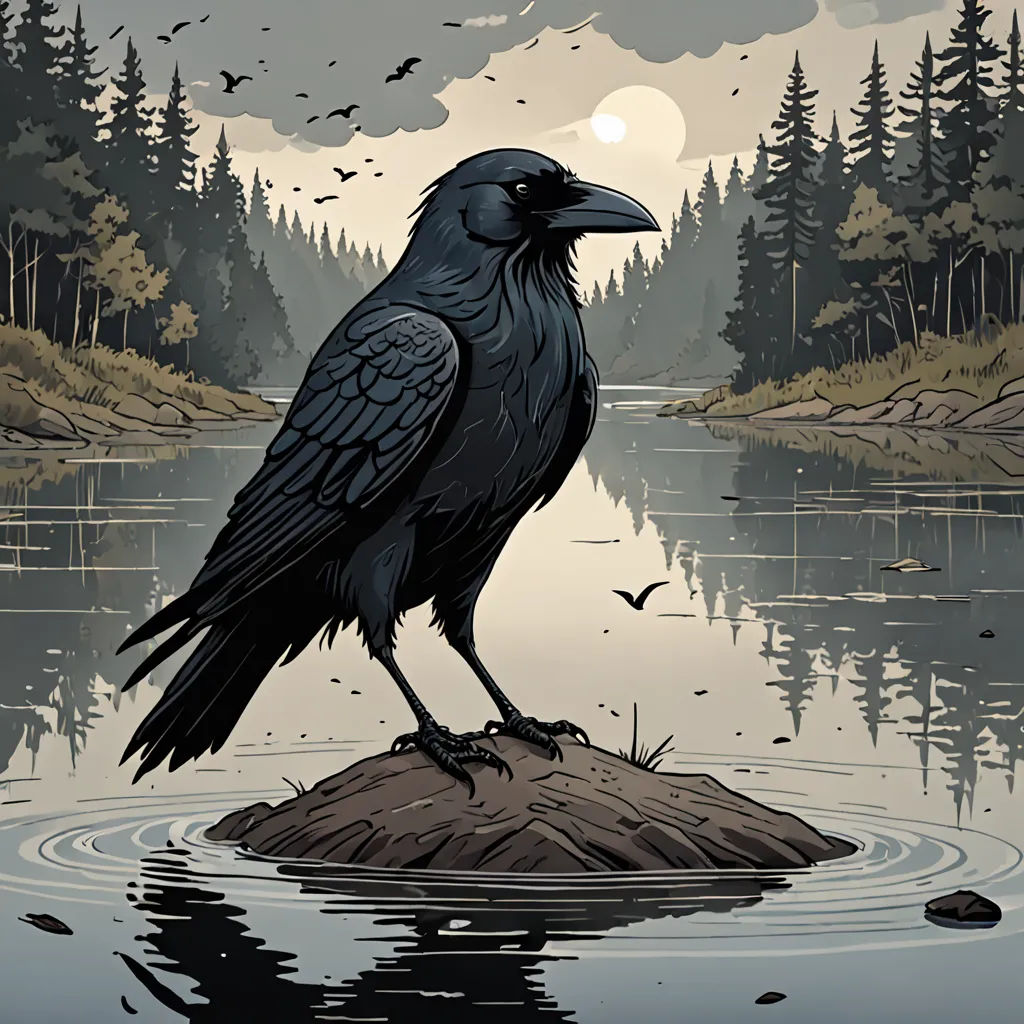 a black bird sitting on top of a rock in a lake next to a forest filled with birds flying, gothic art, poster art, Dan Mumford, comic cover art