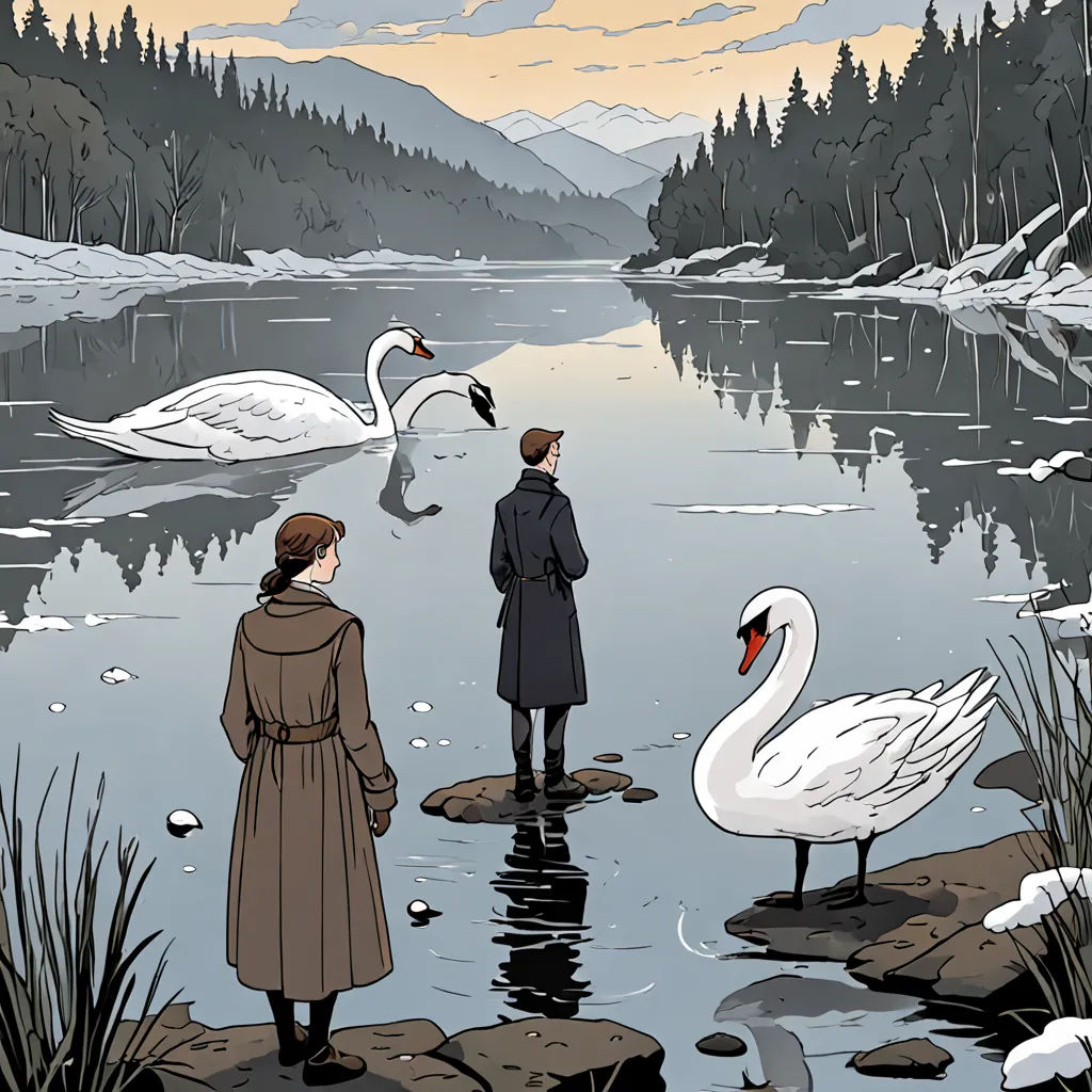 a couple of people standing next to a lake with swans on it and a man in a coat looking at them, serial art, a storybook illustration, Clarice Beckett, cliff chiang