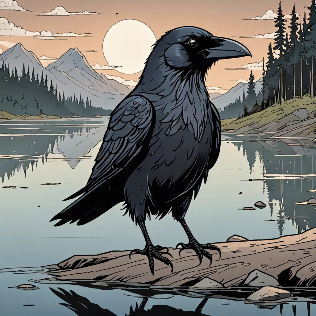a black bird sitting on a rock near a lake and mountains with a full moon in the sky above, serial art, a comic book panel, Dan Mumford, comic cover art