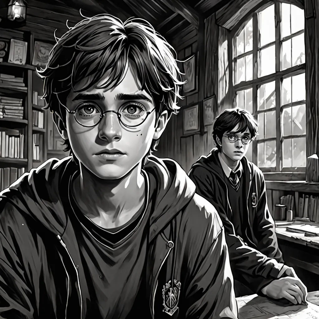 a black and white photo of harry potter and hermione potter in a library with bookshelves, a storybook illustration, official art, sots art, Diego Gisbert Llorens